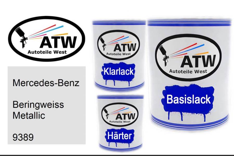 Mercedes-Benz, Beringweiss Metallic, 9389: 1L Lackdose + 1L Klarlack + 500ml Härter - Set, von ATW Autoteile West.